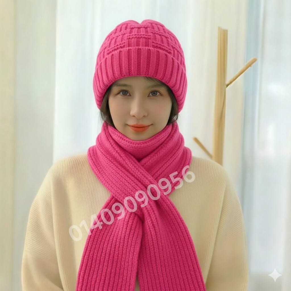 Windproof Cap with Scarf (Dark Pink)